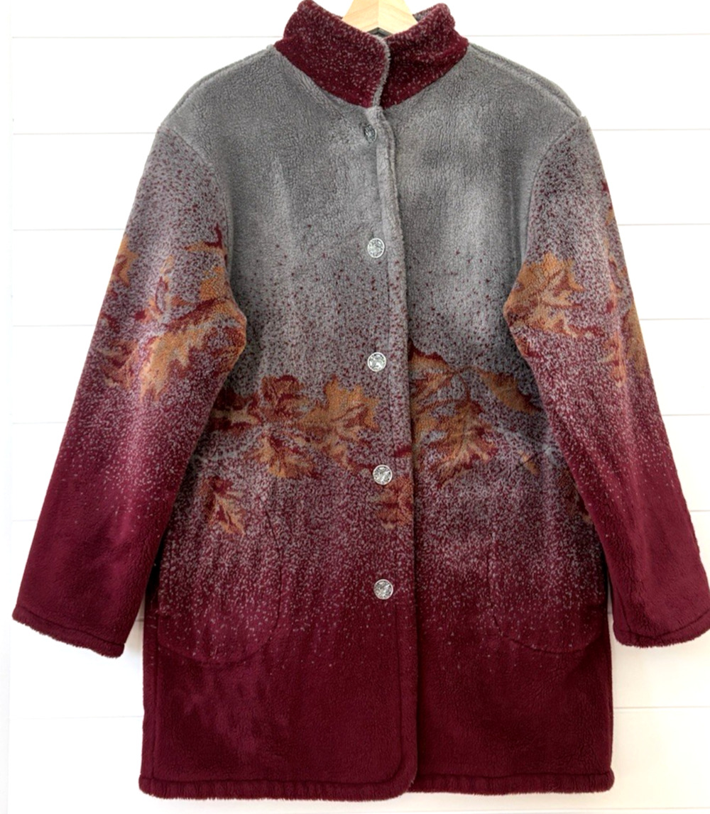 Vintage Denali Reversible Fleece Coat Jacket Burgundy Gray Leaf Button Front S